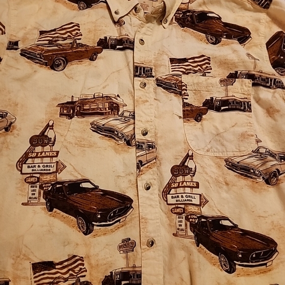 Calypso Joe Shirt Men's XL Tan Button Up Graphic Classic Car Short Sleeve - Picture 9 of 10